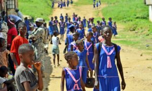 Pupils in a village in the Kono district of Sierra Leone. Girls’ education is a central component of the ‘radical inclusion’ programme that launched in 2018. Photograph: Tommy Trenchard/Alamy