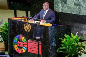 Julius Maada Bio speaking at the Transforming Education summit at the UN headquarters in New York in September. Photograph: Enrique Shore/Alamy Live News