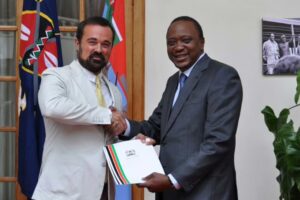 Founding member: Evgeny Lebedev, the patron of Space for Giants, with President Kenyatta at State House, Nairobi