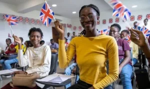 FLYING THE FLAG: Students in Gabon’s capital Libreville enjoy English lessons and studies of Britain